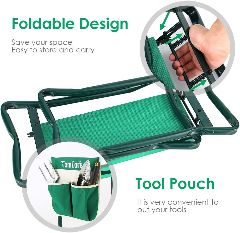 TomCare Garden Kneeler Seat Garden Bench Garden Stools Foldable Stool with Tool Bag Pouch EVA Foam Pad Outdoor Portable Kneeler Gardening Gifts for Women Men, Large 21.65"x10.62"x18.89", Green - Image 5