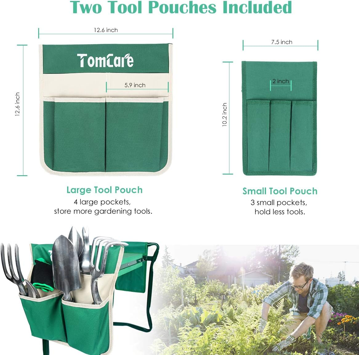 TomCare Garden Kneeler Seat Garden Bench Garden Stools Foldable Stool with Tool Bag Pouch EVA Foam Pad Outdoor Portable Kneeler Gardening Gifts for Women Men, Large 21.65"x10.62"x18.89", Green - Image 2